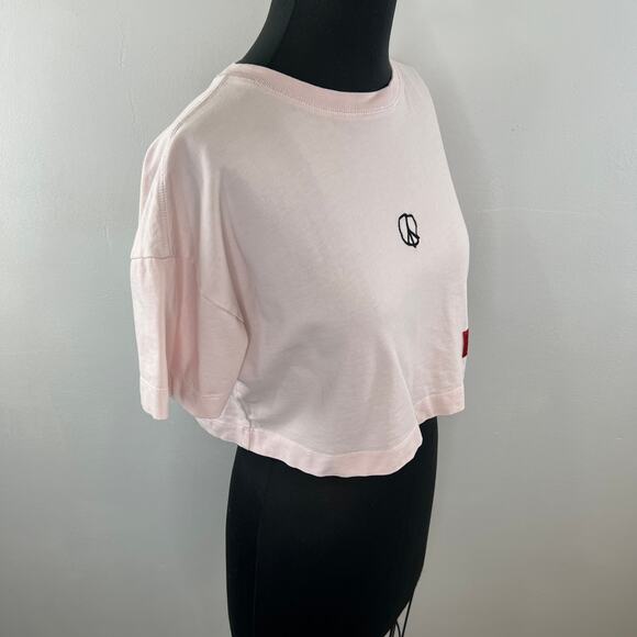 CHNGE Pink PEACE XS Crop Top Cotton Embroidered Round Neck Short Sleeve Pullover - Picture 5 of 9